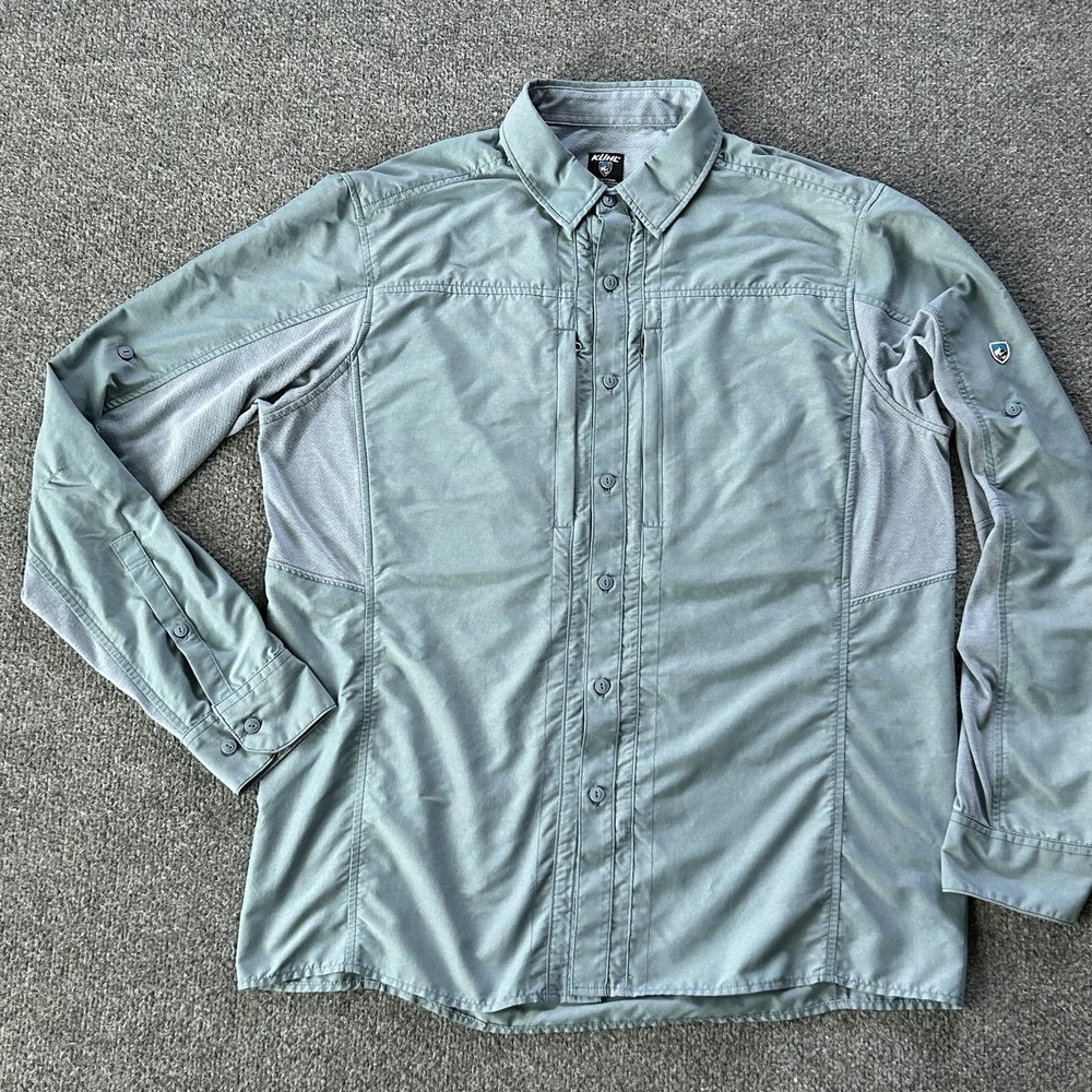 Kuhl Shirt Mens Large Green Long Sleeve Button Front Hiking Fishing Performance